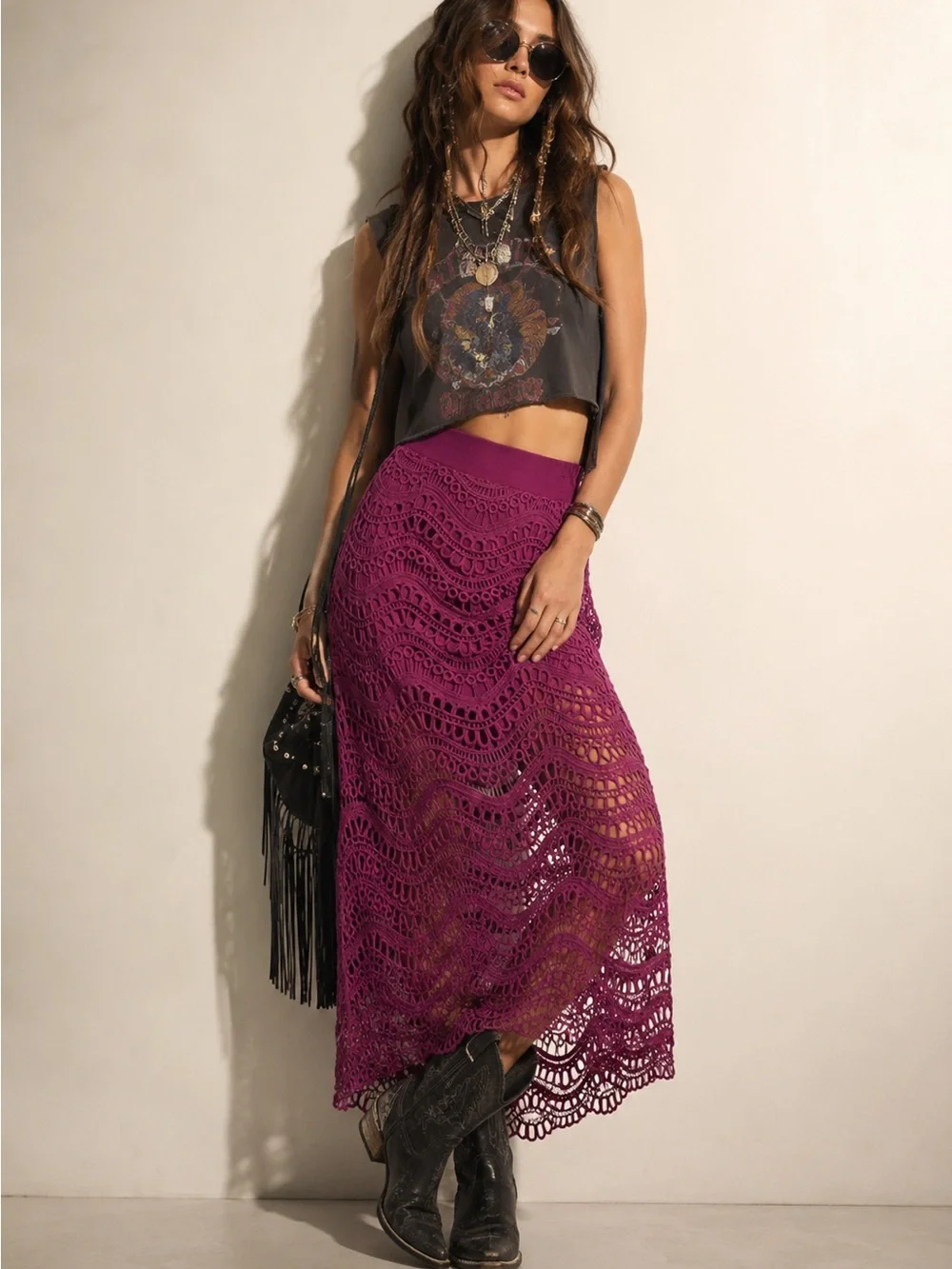 Y2k Laundry by Shelli Segal Fuchsia Crochet Lace Midi Skirt